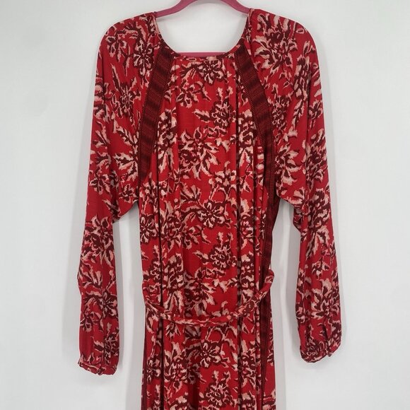 Knox Rose Size XL Red Floral Peasant Prairie Boho Maxi Dress V-Neck Belted - Picture 12 of 13